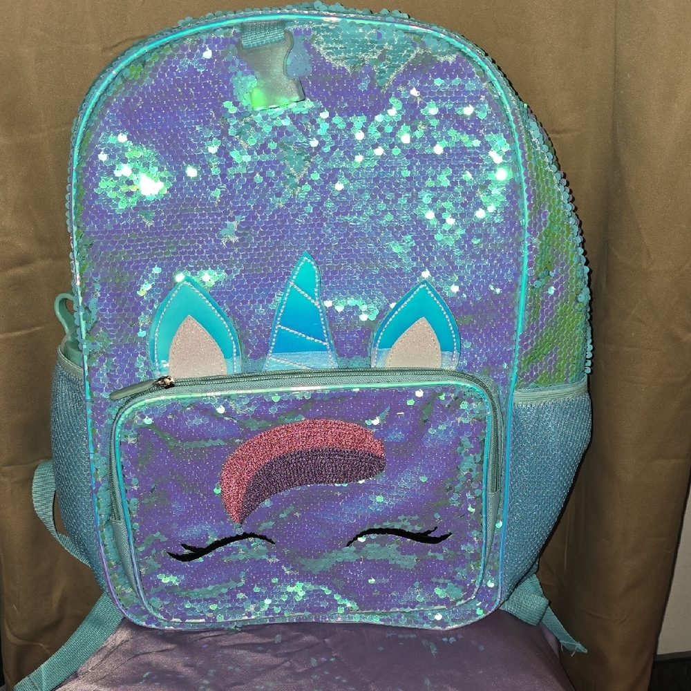 Glittery Unicorn Kids Backpack - Teal and Purple